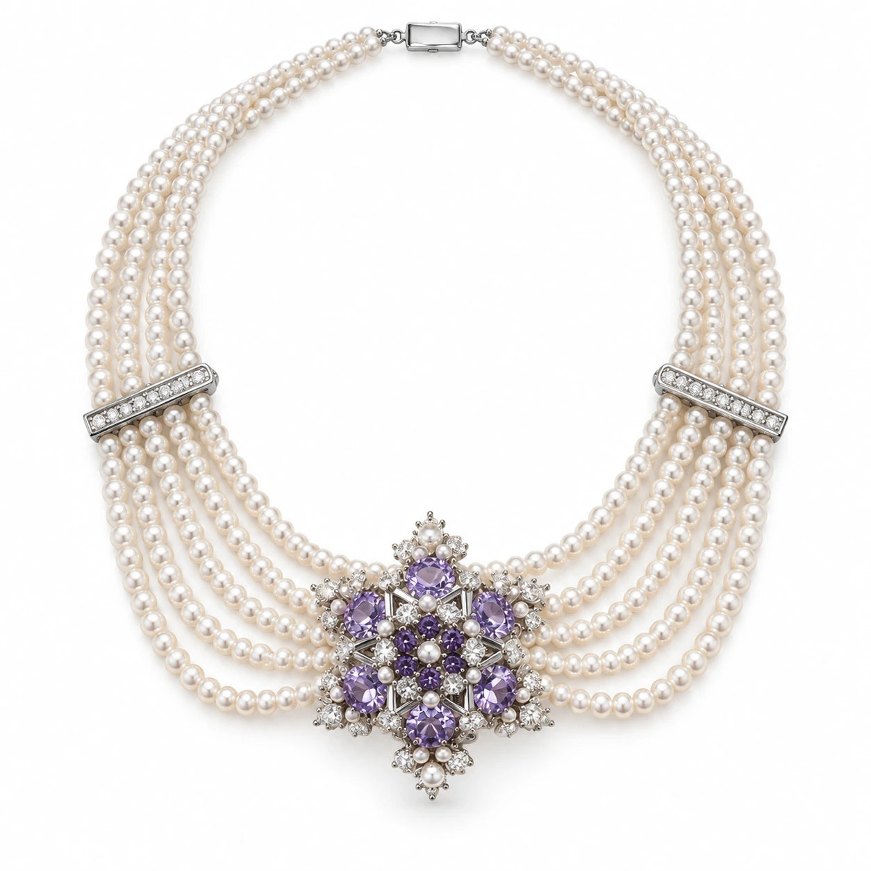 Amaranth — pearl-like strand floral necklace by ArtsWeave, isolated on a white background