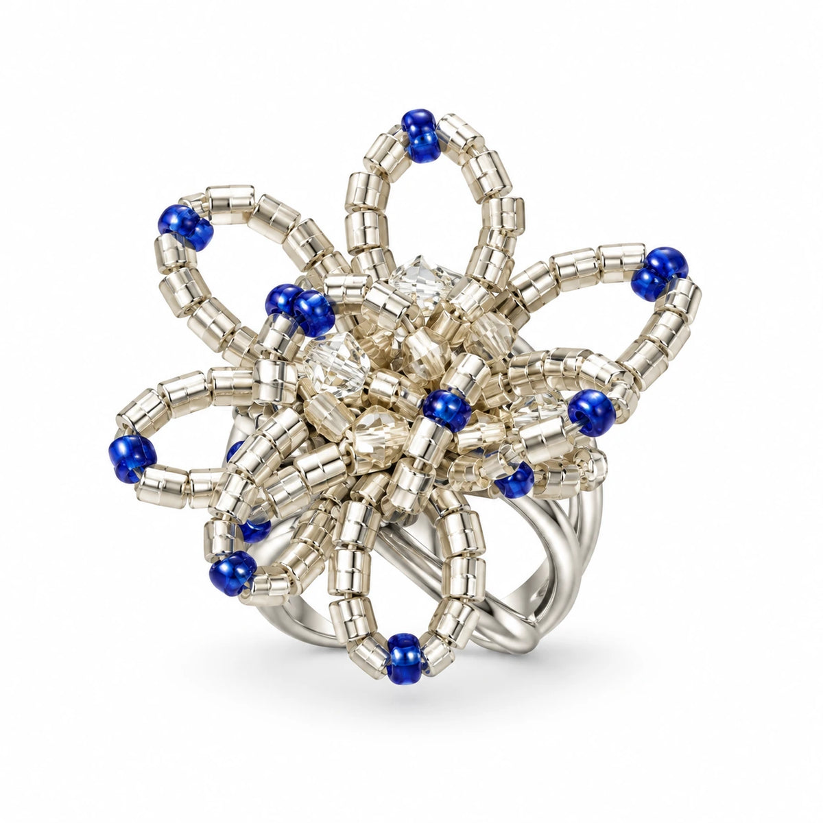 Aster — blue sculptural beaded ring by ArtsWeave, isolated on a white background