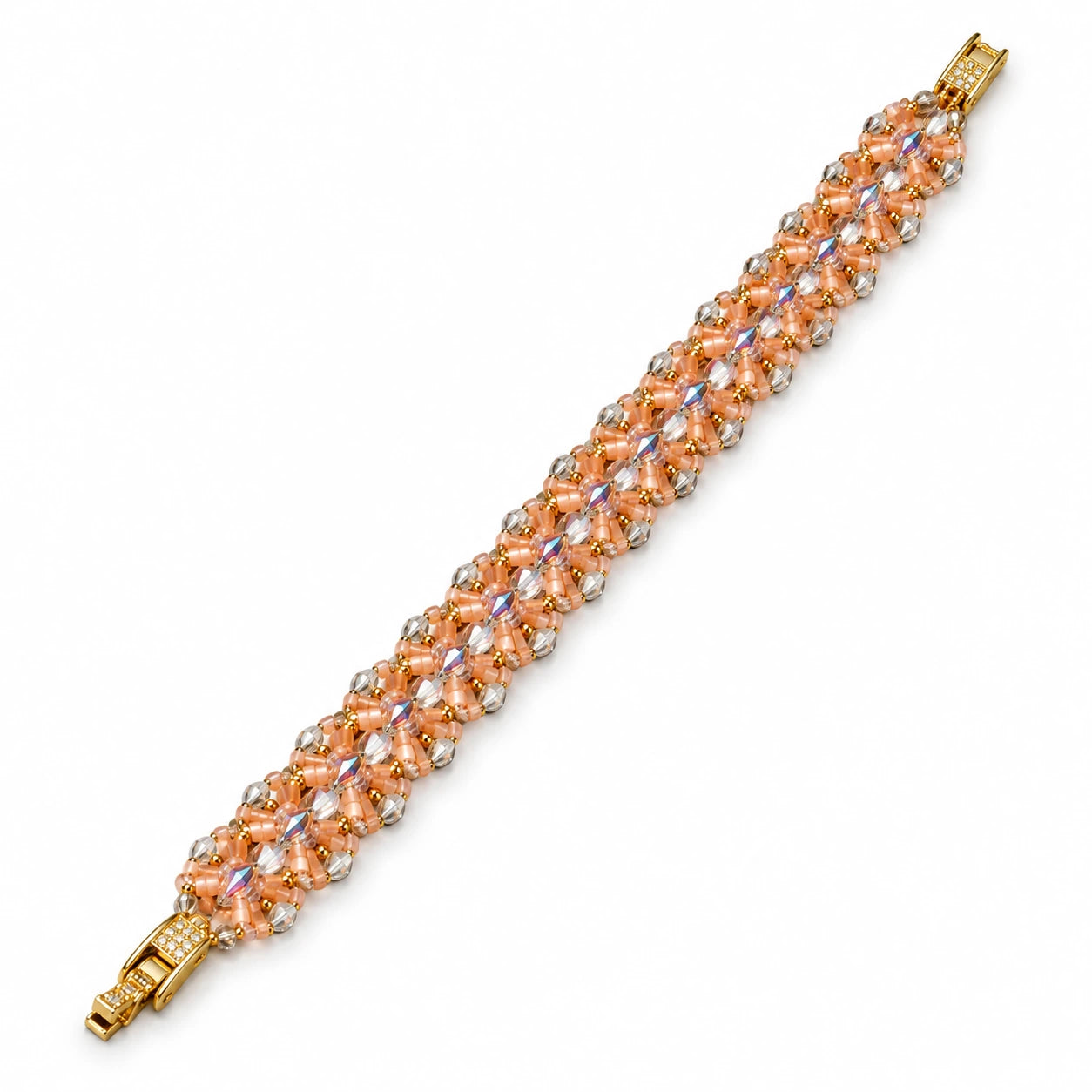 Aurelle — champagne beaded bracelet by ArtsWeave, isolated on a white background