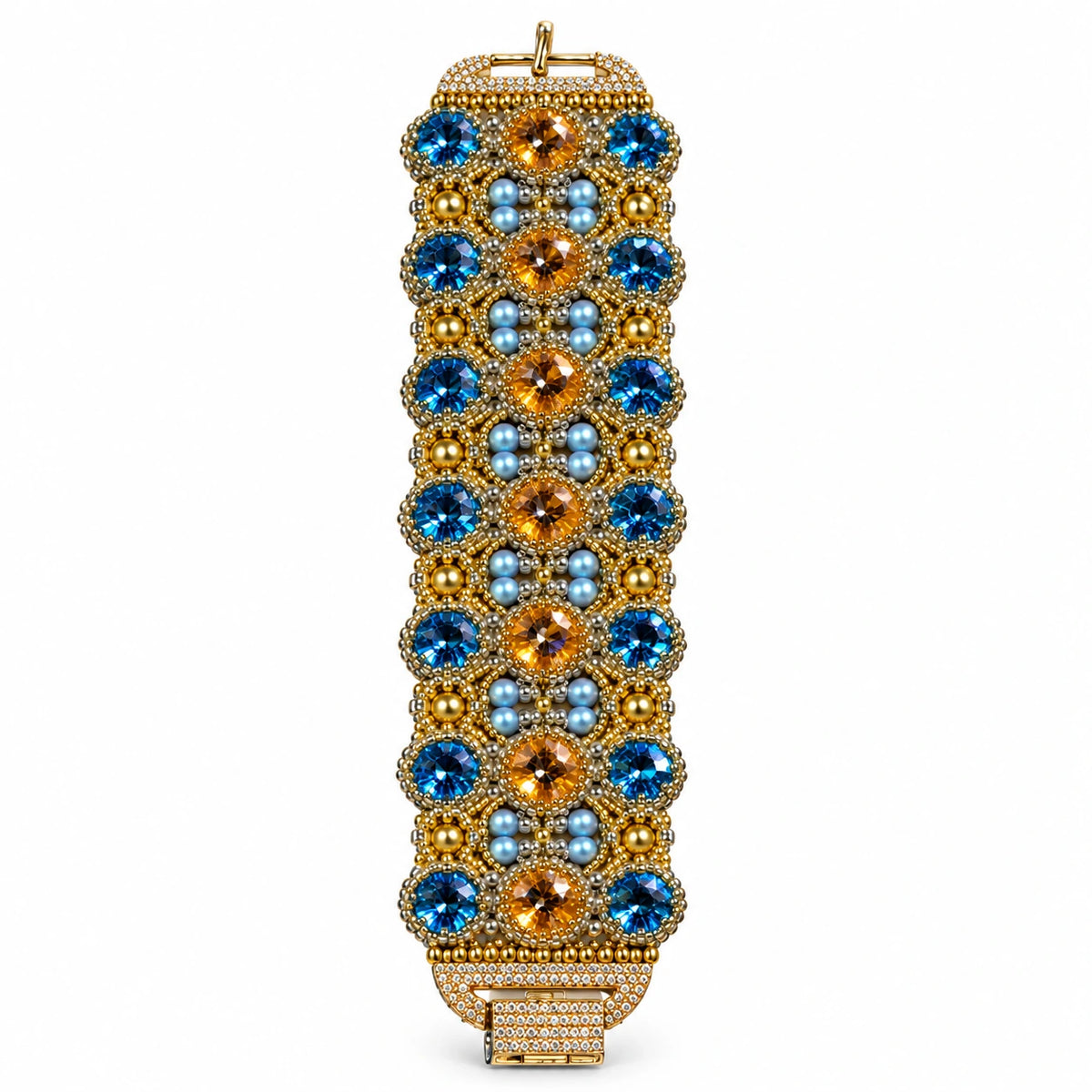 Azura — blue medallion statement bracelet by ArtsWeave, isolated on a white background