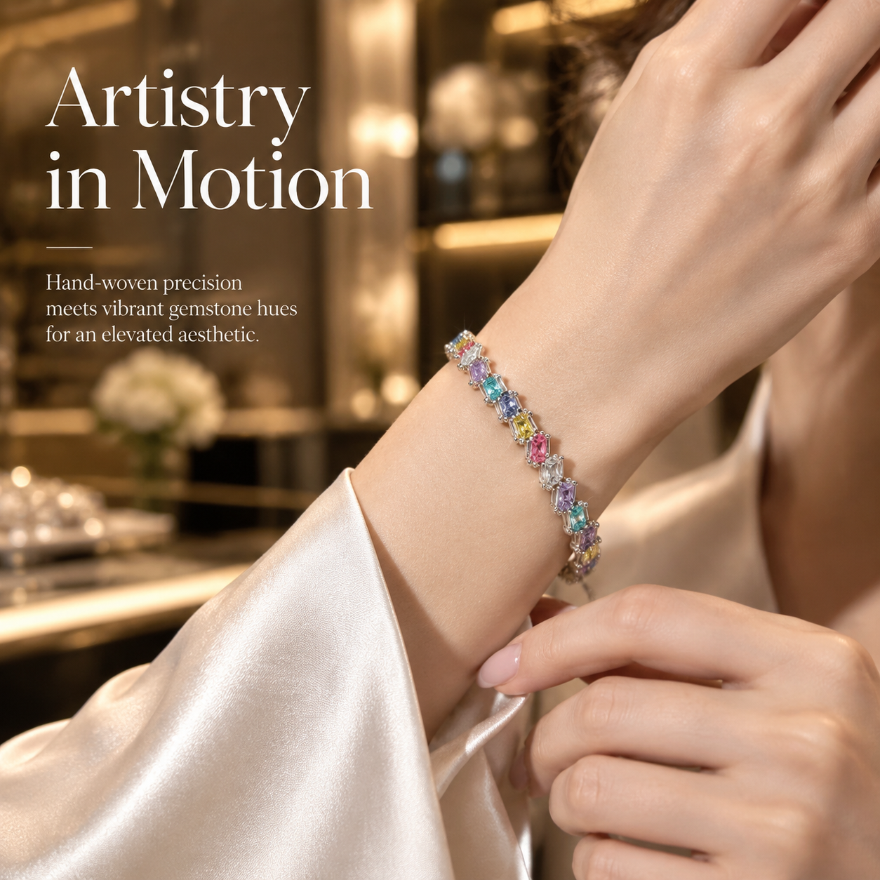 Iria — rainbow rectangular beaded bracelet by ArtsWeave, additional product gallery view.