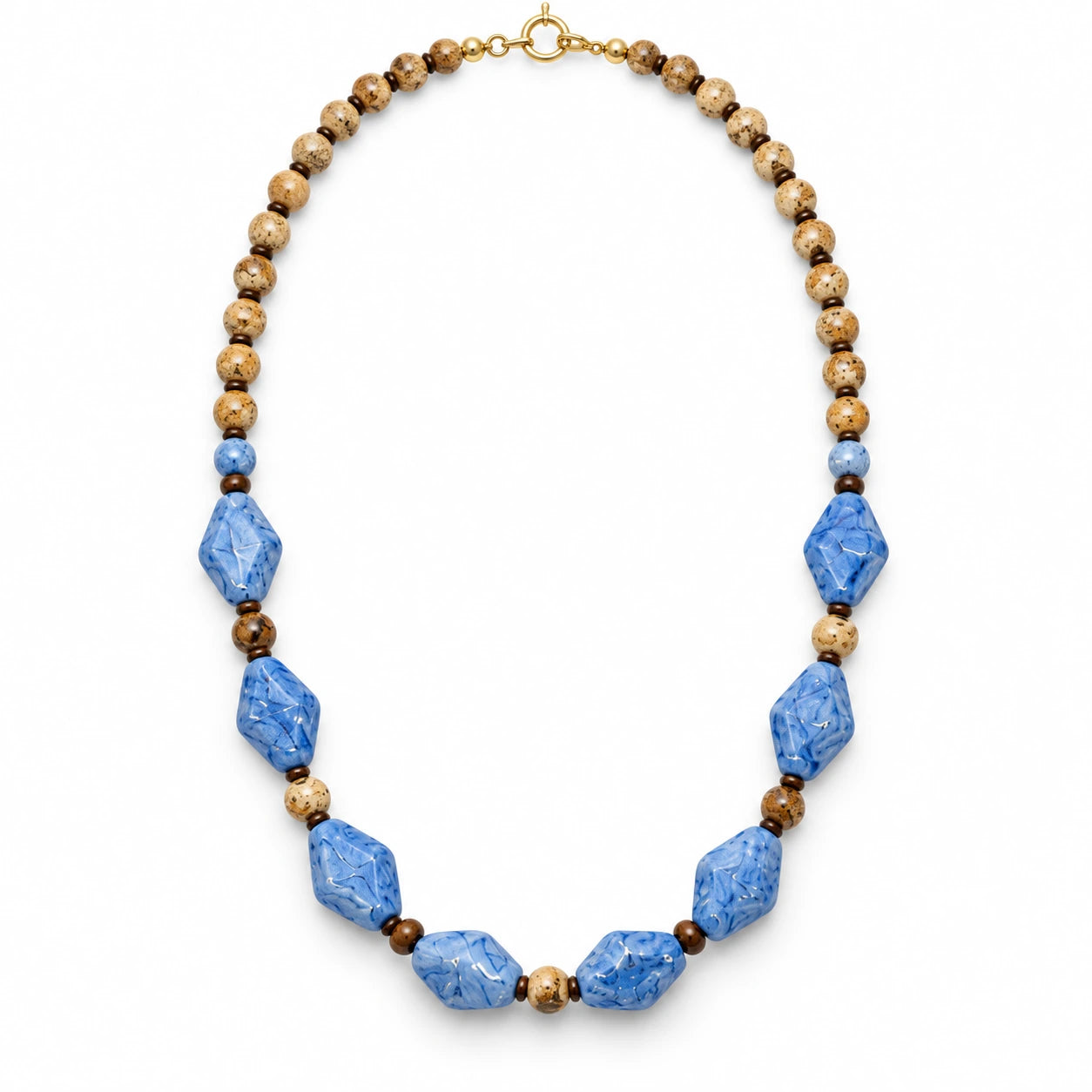 Caelum — blue geometric beaded necklace by ArtsWeave, isolated on a white background