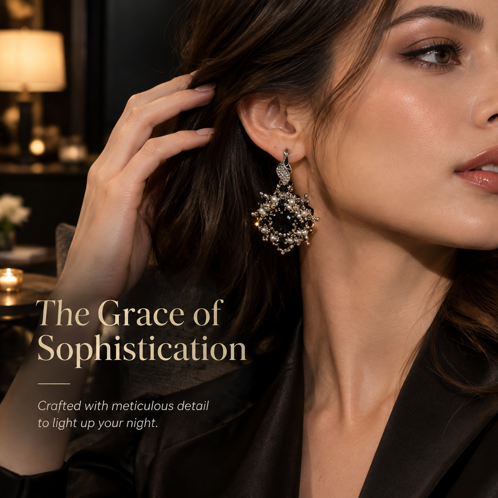 Noctelle — black beaded medallion earrings by ArtsWeave, additional product gallery view.