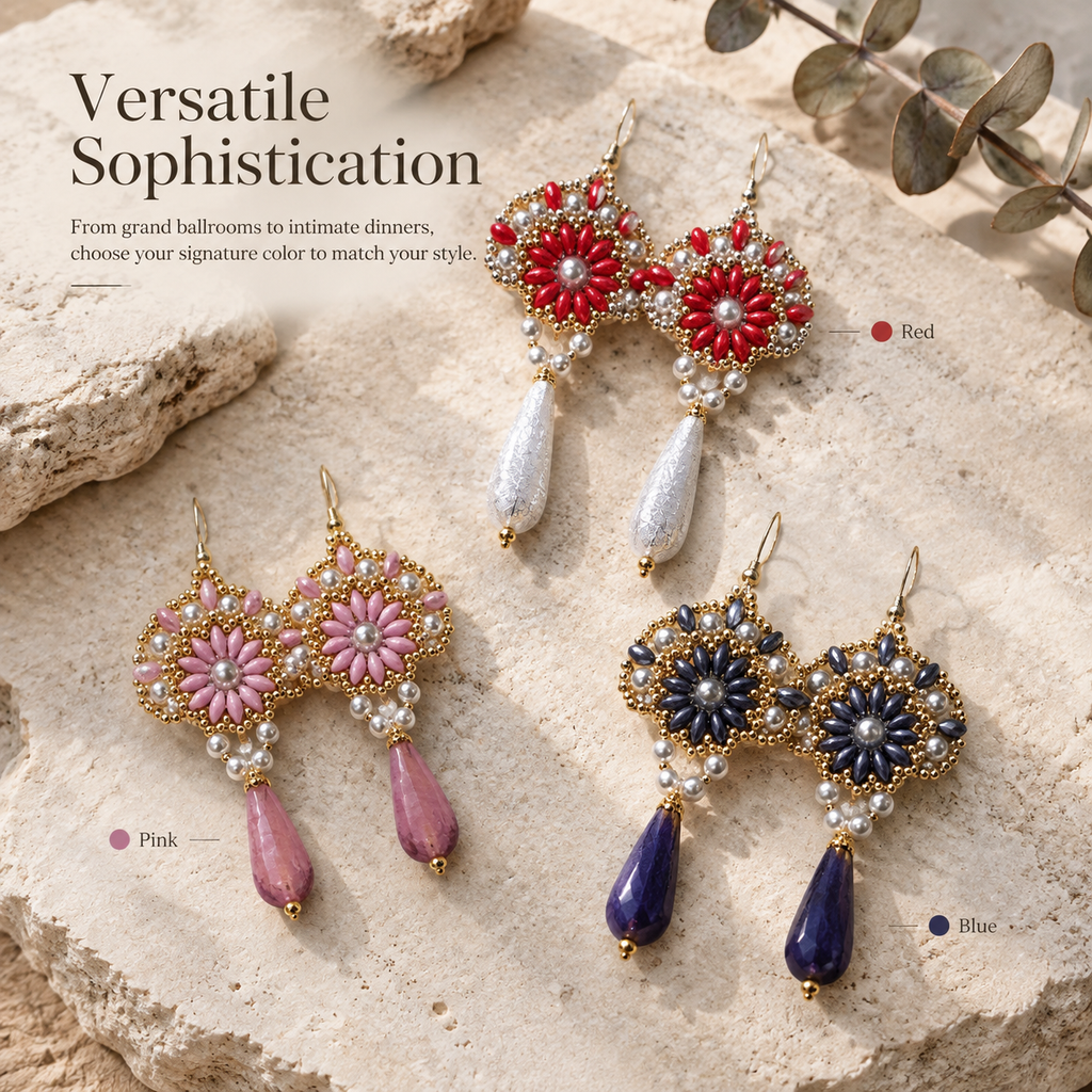 Roselle, Ember, Nyelle — ArtsWeave handmade jewelry in three color editions, each sold separately.