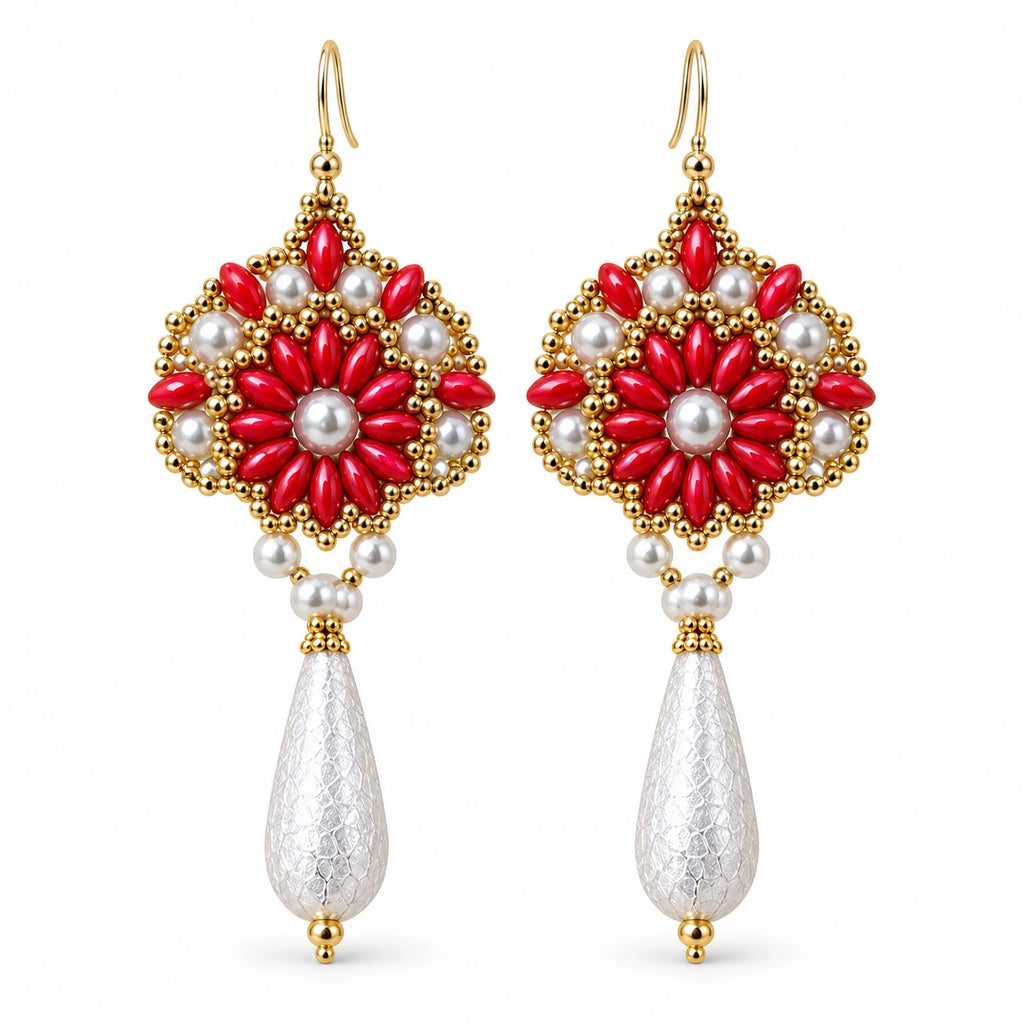 Ember — red floral drop earrings by ArtsWeave, isolated on a white background