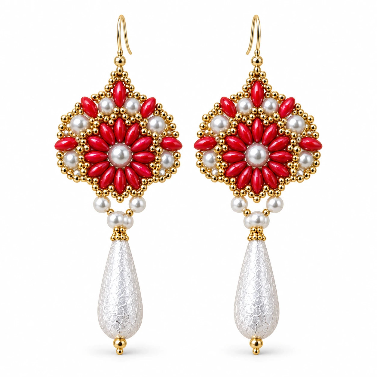 Ember — red floral drop earrings by ArtsWeave, isolated on a white background Main image