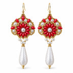 Ember — red floral drop earrings by ArtsWeave, isolated on a white background