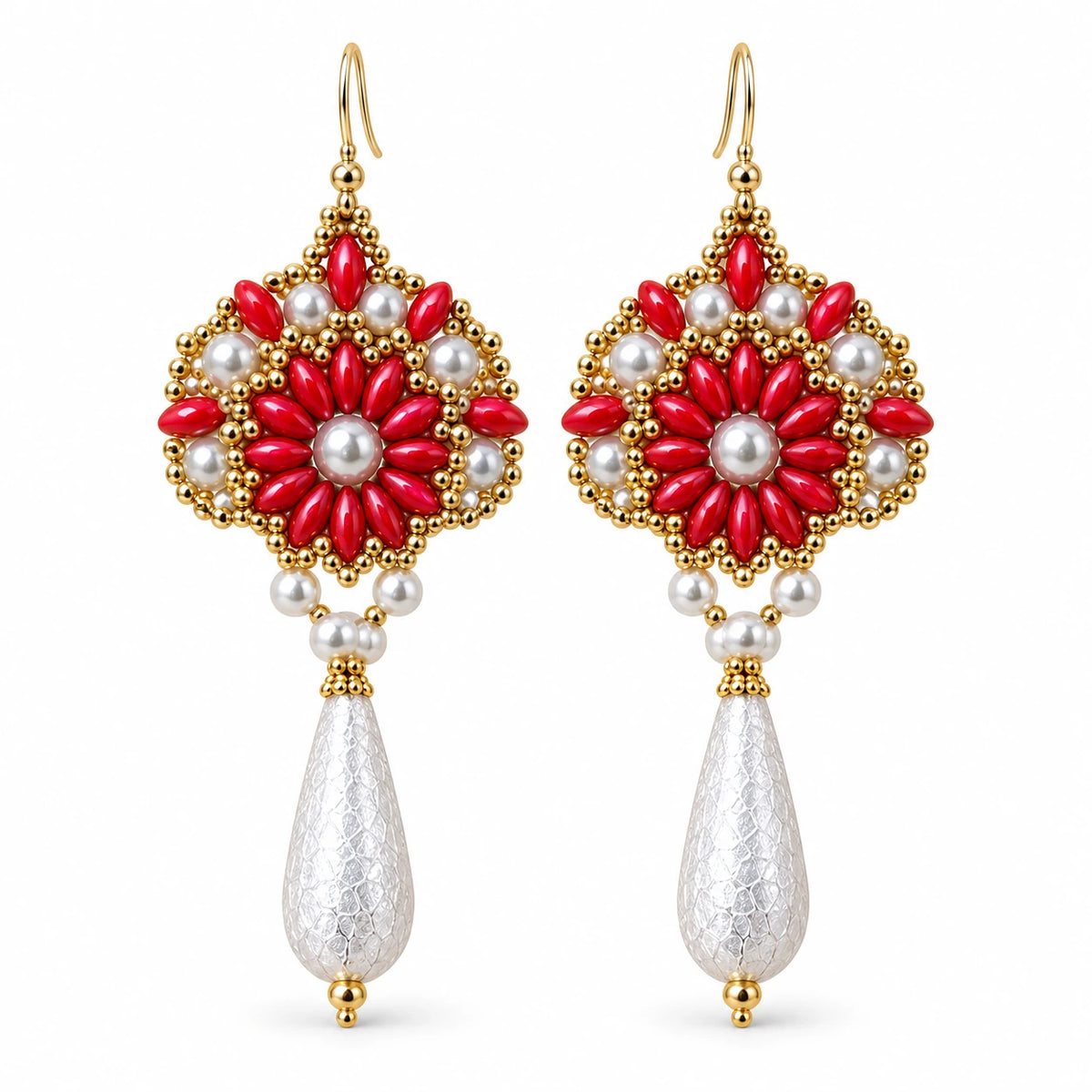 Ember — red floral drop earrings by ArtsWeave, isolated on a white background