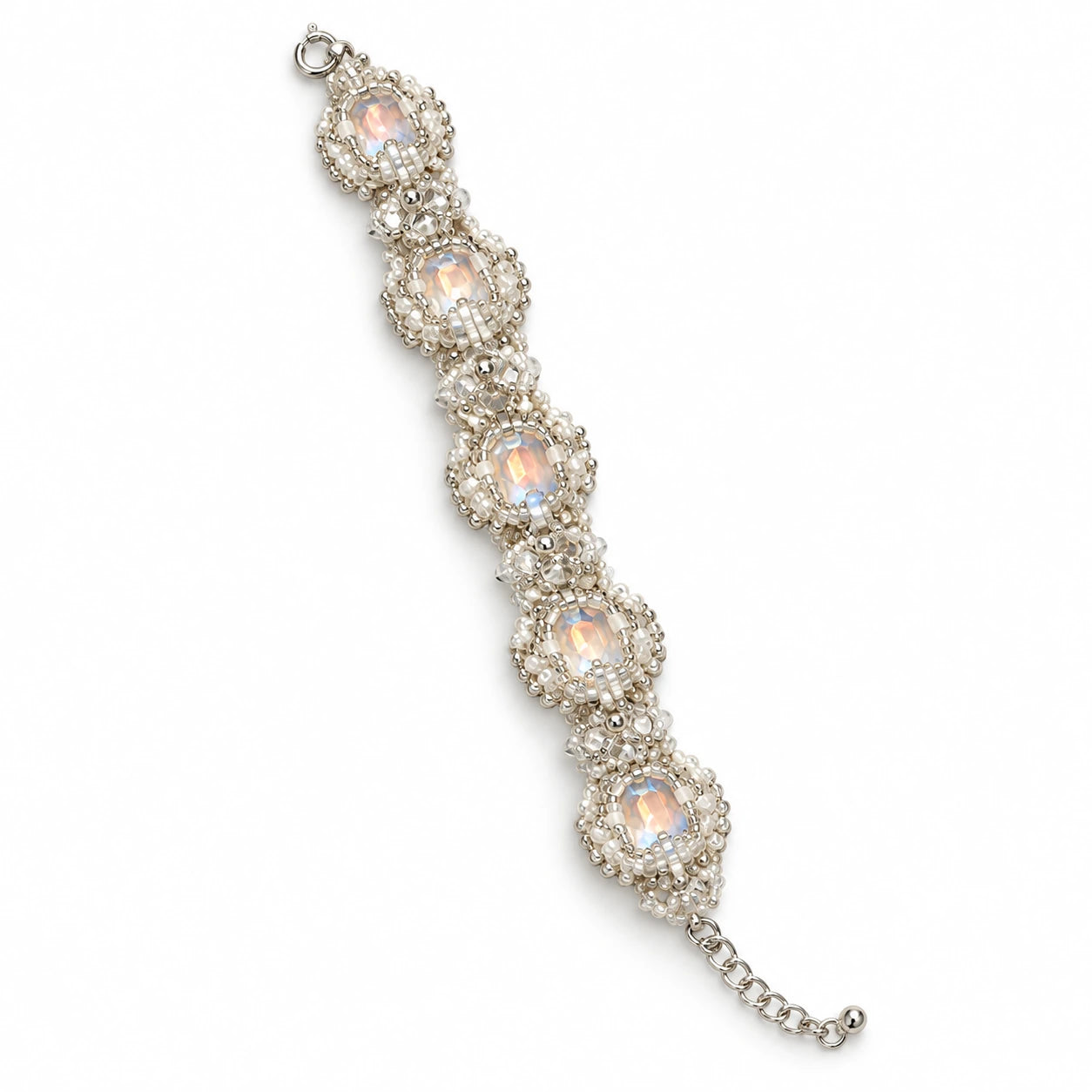 Lunelle — silver-tone lace beaded bracelet by ArtsWeave, isolated on a white background