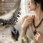 Sable — black geometric fringe necklace by ArtsWeave, additional product gallery view.