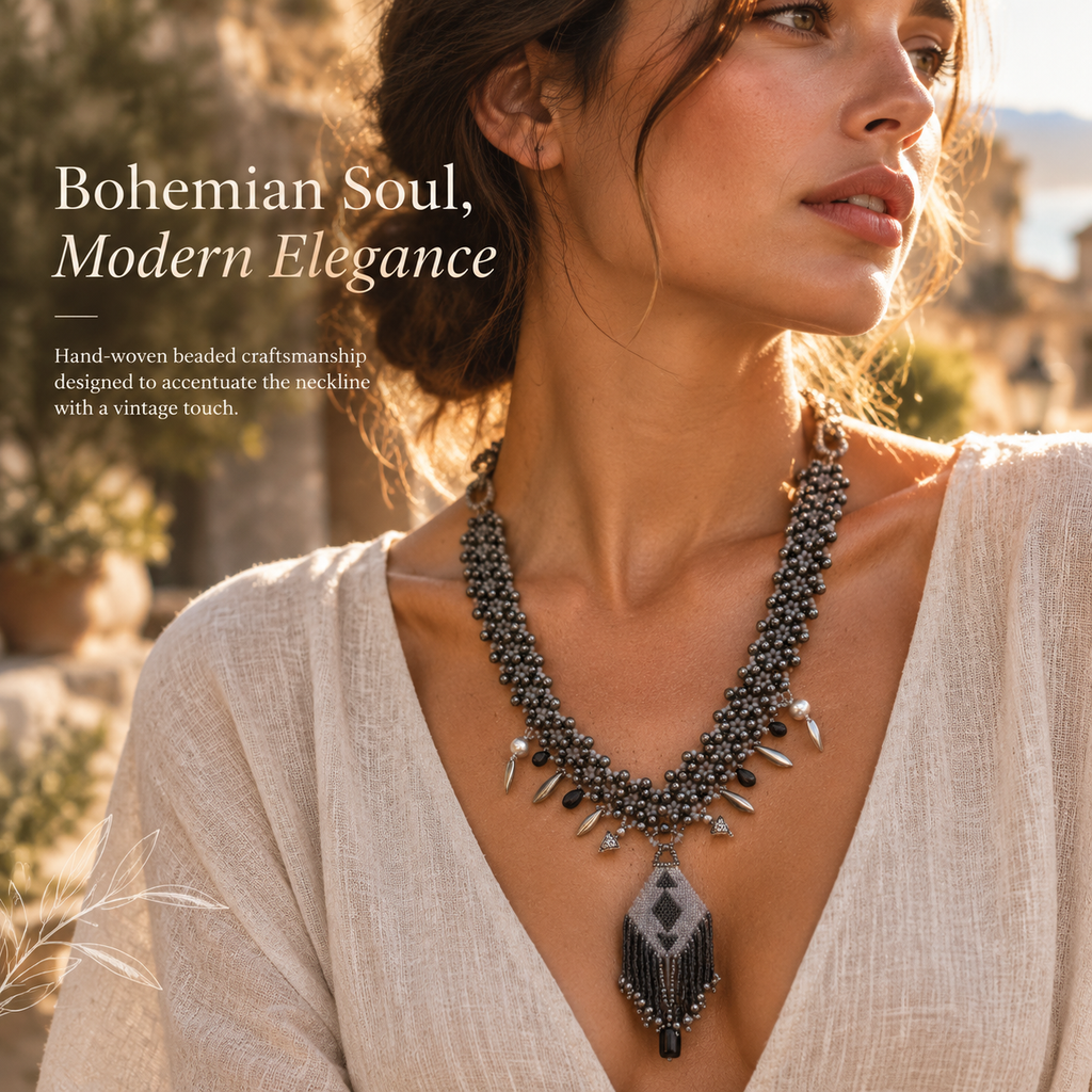 Sable — black geometric fringe necklace by ArtsWeave, additional product gallery view.