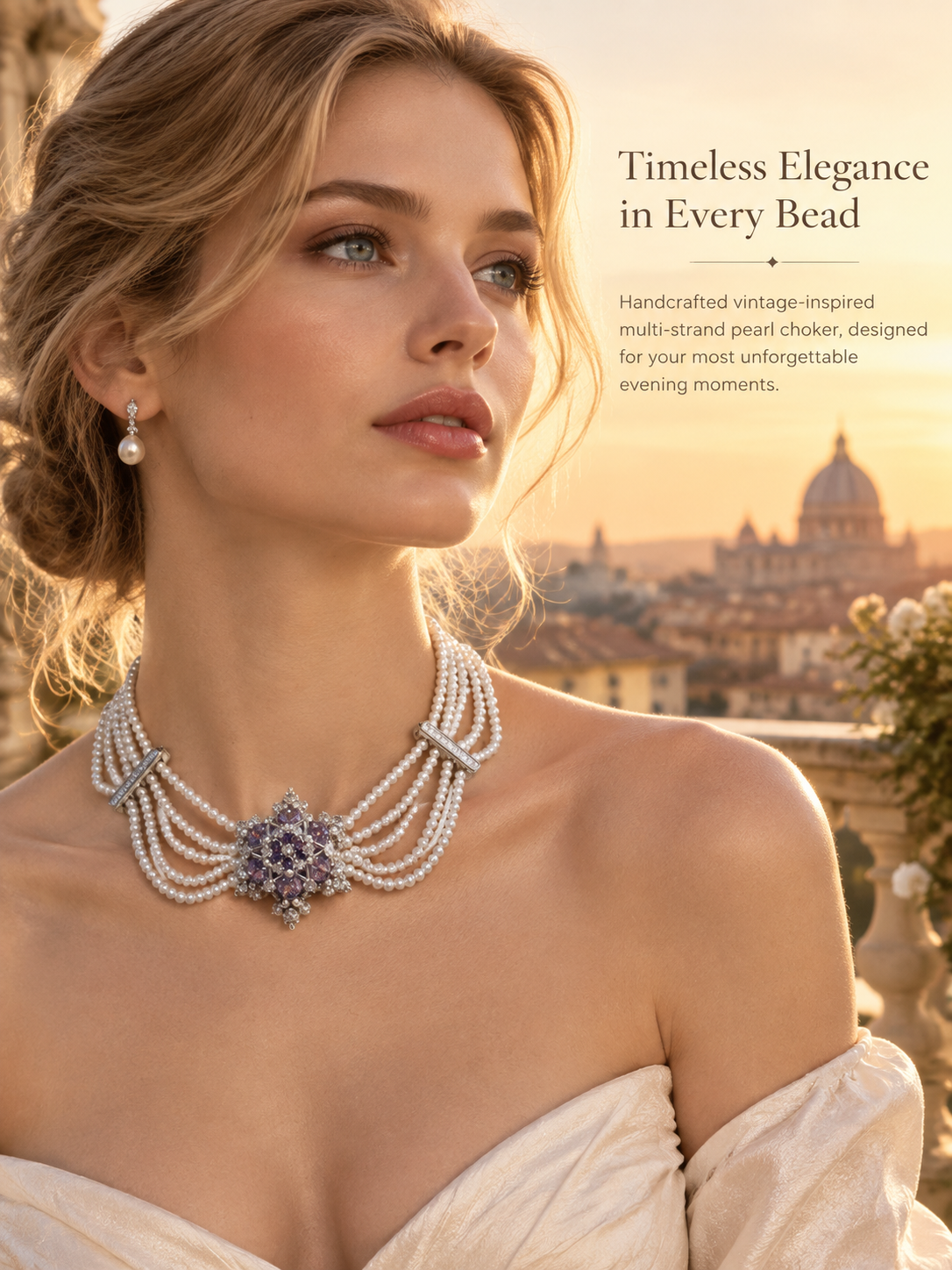 Amaranth — pearl-like strand floral necklace by ArtsWeave, additional product gallery view.