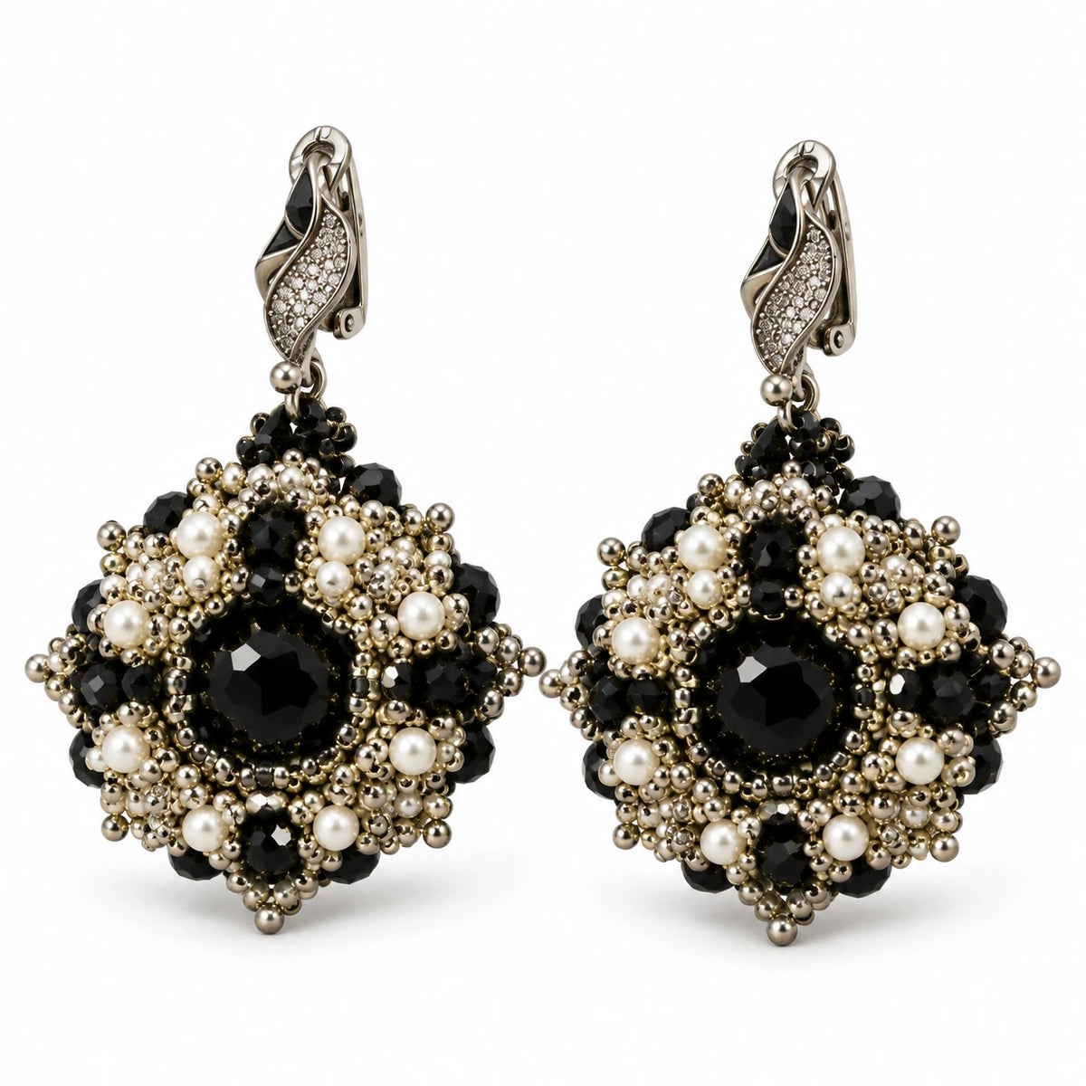Noctelle — black beaded medallion earrings by ArtsWeave, isolated on a white background
