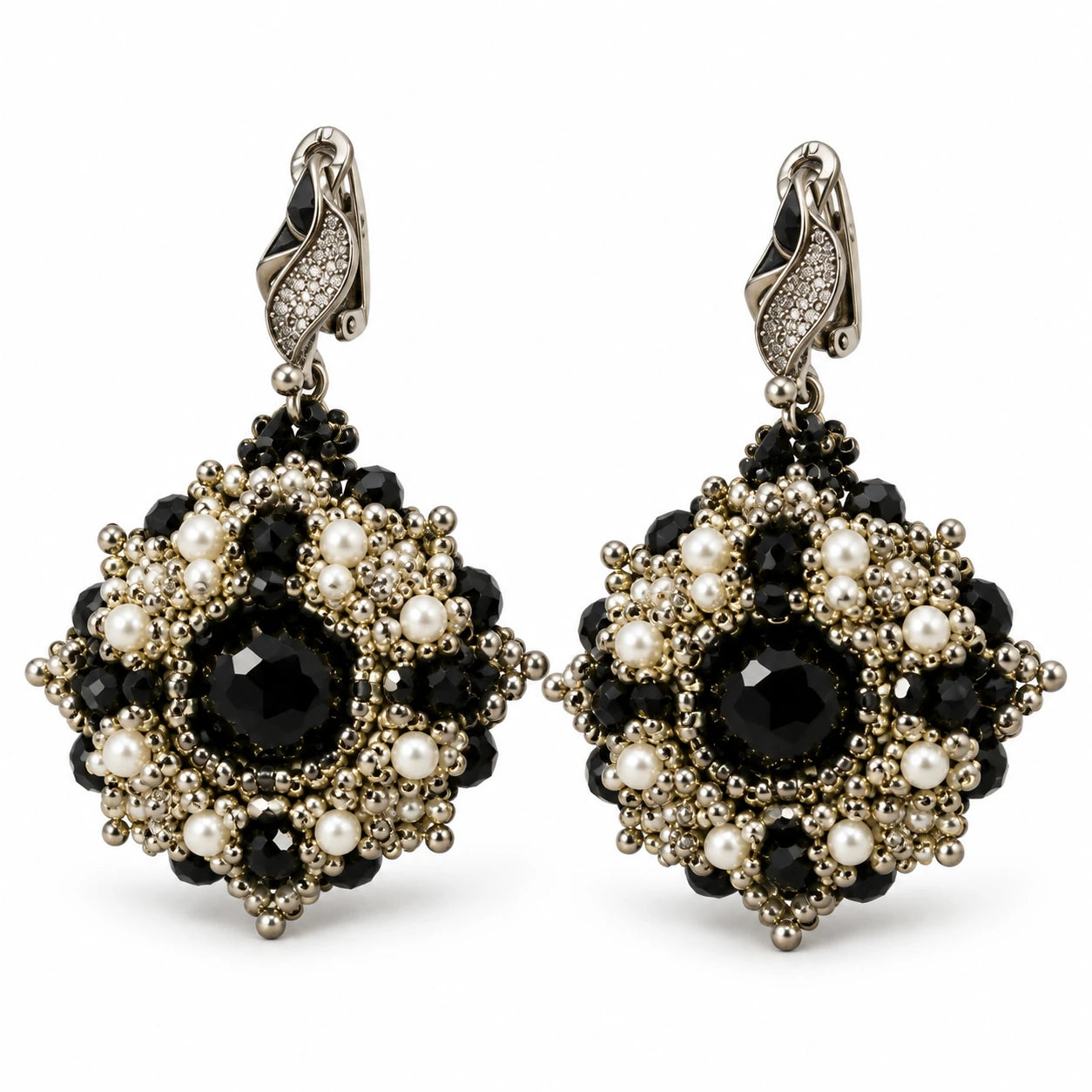 Noctelle — black beaded medallion earrings by ArtsWeave, isolated on a white background Main image