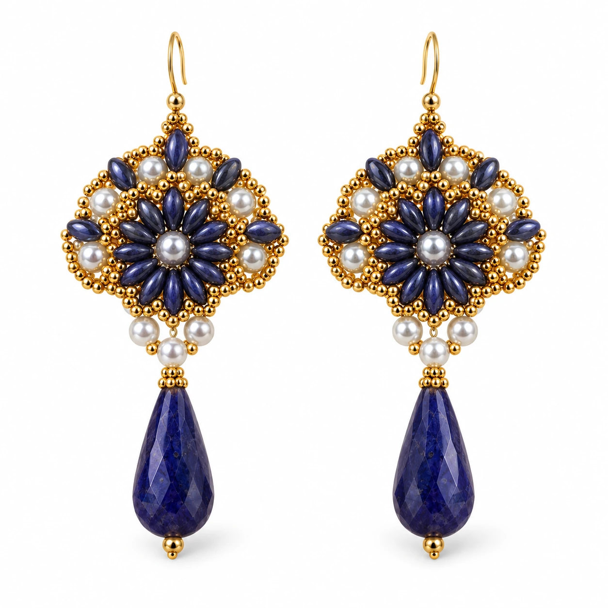 Nyelle — midnight blue floral drop earrings by ArtsWeave, isolated on a white background Main image