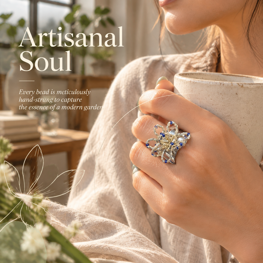 Aster — blue sculptural beaded ring by ArtsWeave, additional product gallery view.