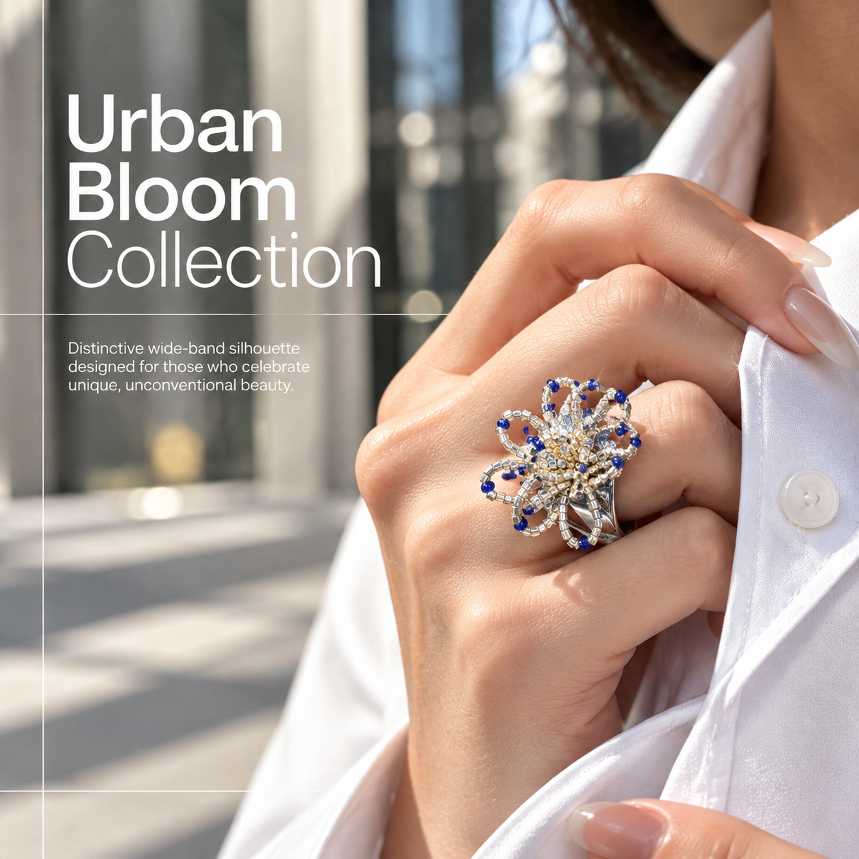 Aster — blue sculptural beaded ring by ArtsWeave, additional product gallery view.