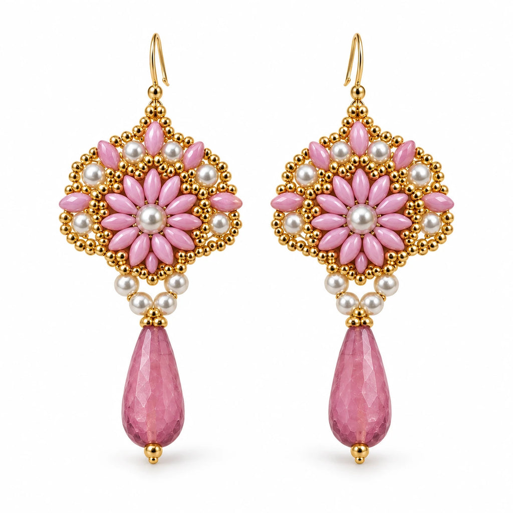 Roselle — pink floral drop earrings by ArtsWeave, isolated on a white background