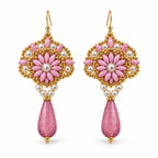 Roselle — pink floral drop earrings by ArtsWeave, isolated on a white background