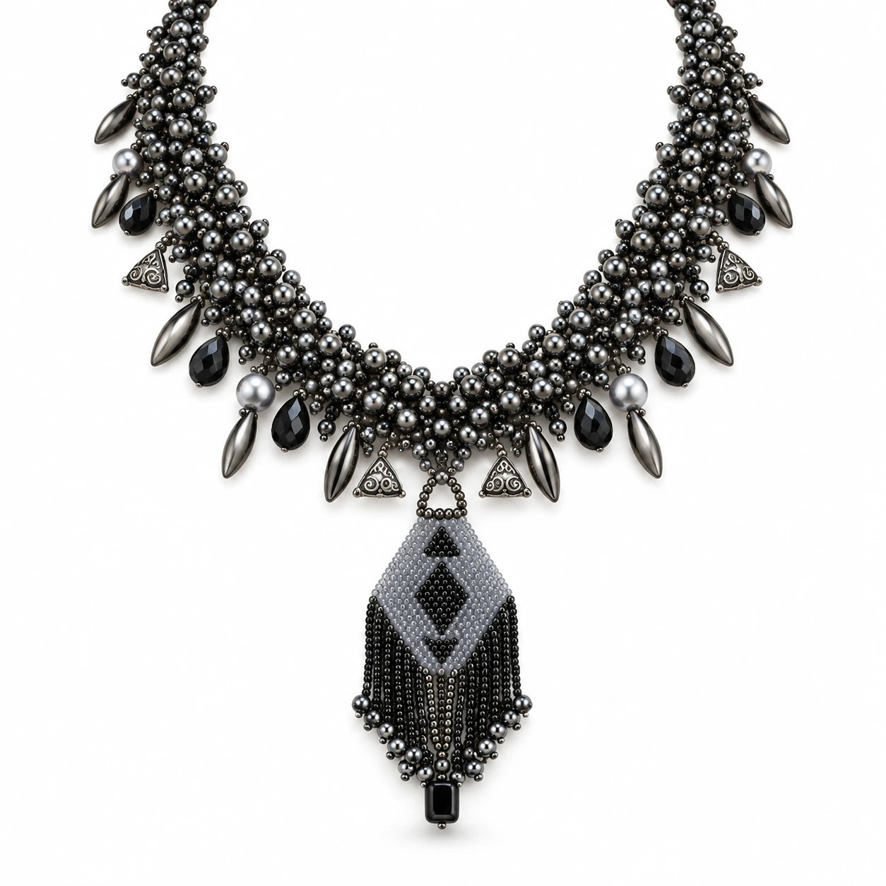 Sable — black geometric fringe necklace by ArtsWeave, isolated on a white background Main image