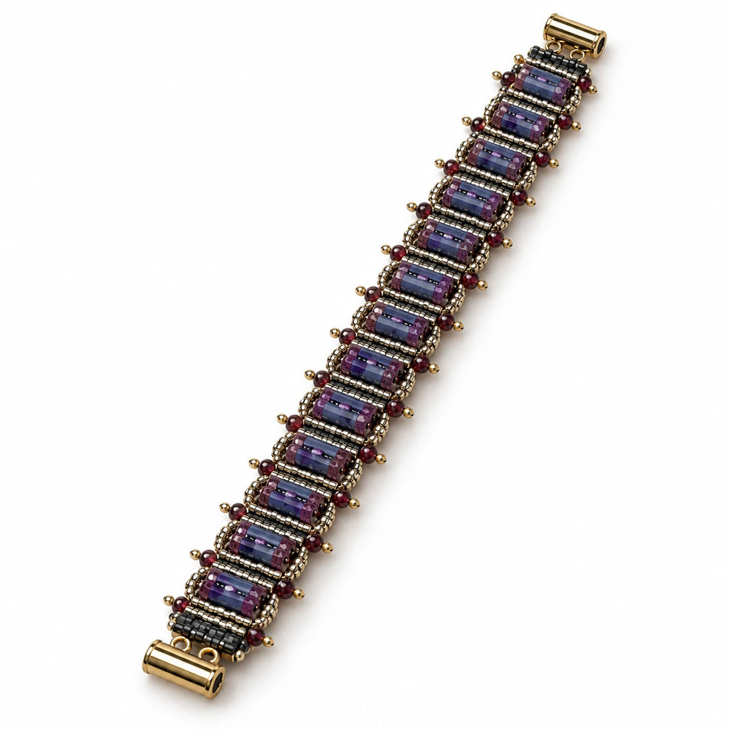 Violette — violet geometric beaded bracelet by ArtsWeave, isolated on a white background