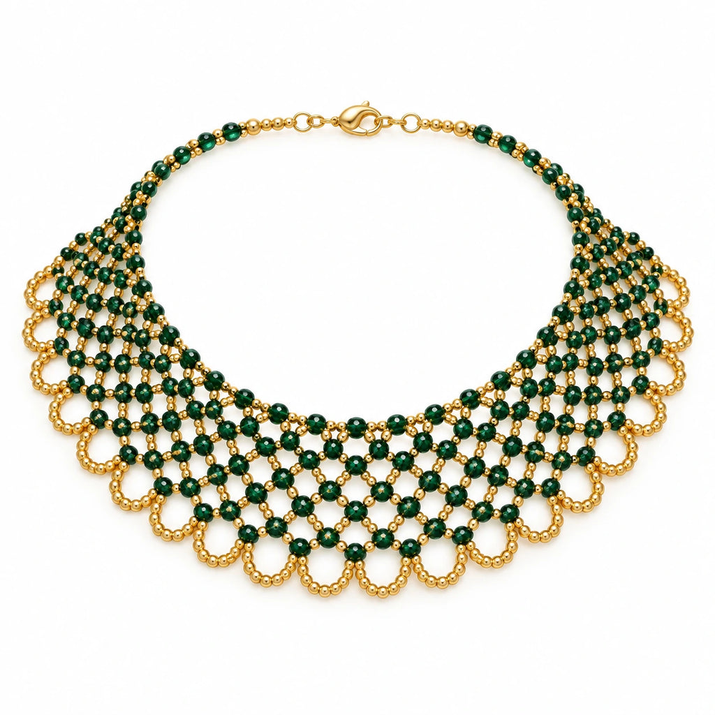 Viridia — green woven collar necklace by ArtsWeave, isolated on a white background