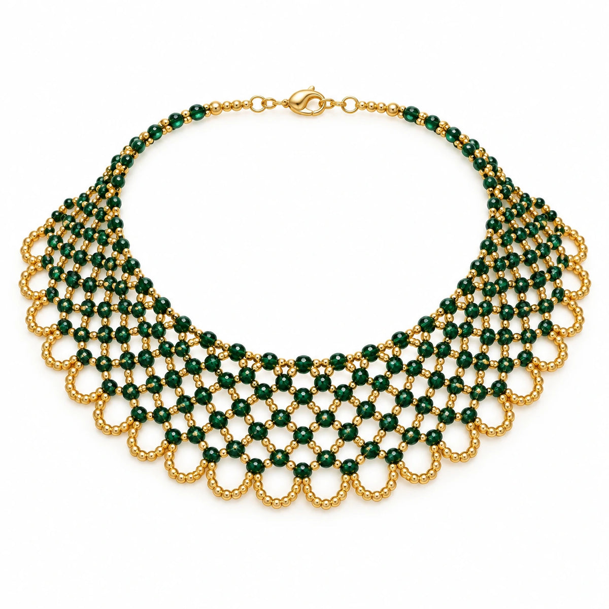 Viridia — green woven collar necklace by ArtsWeave, isolated on a white background