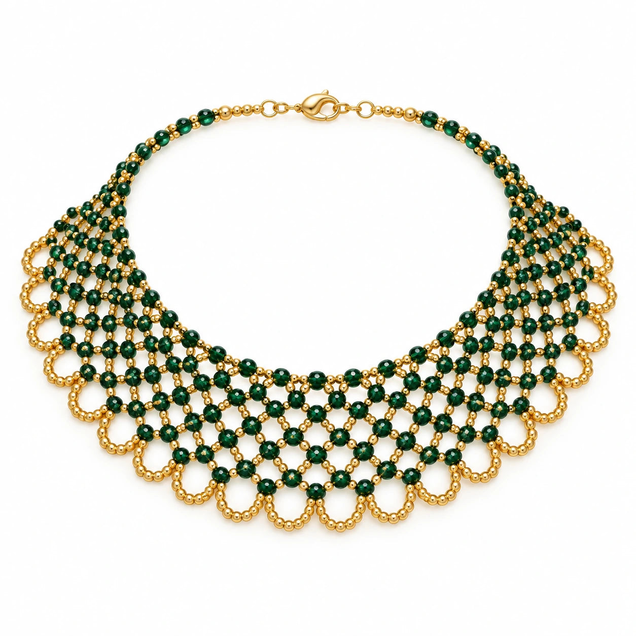 Viridia — green woven collar necklace by ArtsWeave, isolated on a white background