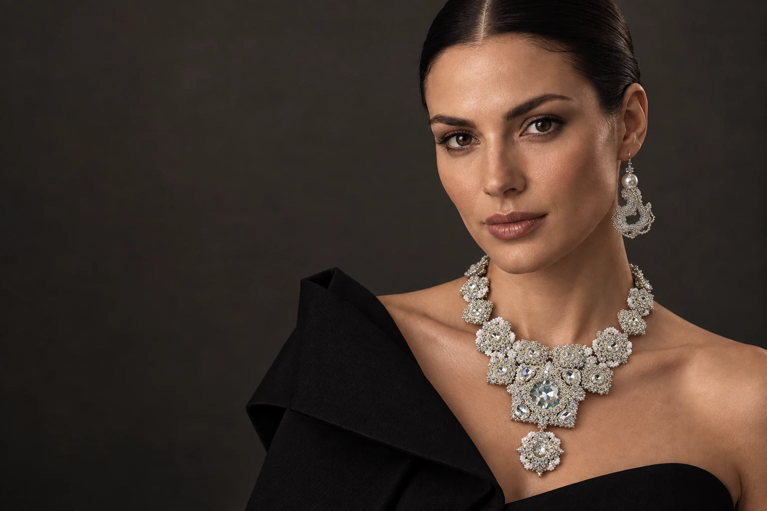 ArtsWeave campaign: a model wearing the Eclat statement necklace and Undine earrings